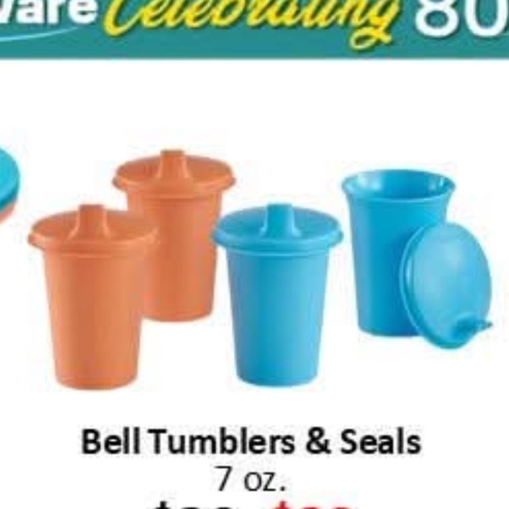 Tupperware Bell Tumblers & Seals - Blue & Orange Set